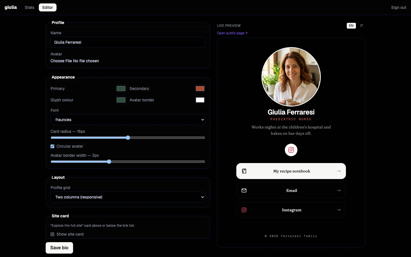 The admin editor signed in as giulia, with her name, colours, font, and layout in the form and, on desktop, a live preview of her page.