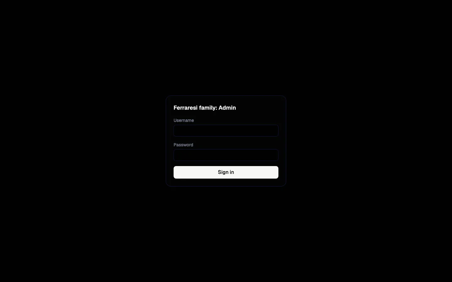 The admin sign-in form, titled Ferraresi family: Admin, with Username and Password fields and a Sign in button.